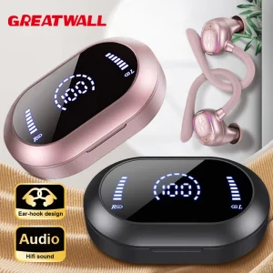 GREATWALL-auriculares inalámbricos con Bluetooth, audífonos estéreo HiFi, deportivos, Tws, con pantalla LED, ganchos para las orejas, para correr