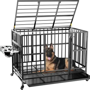 Jaula para s de alta resistencia con ruedas, 48 ", varilla de elevación de aire única, 360 °, 2 cuencos ajustables, bandeja extraíble, Extra grande