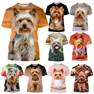 Camiseta 3D de Yorkshire Terrier para hombre y mujer, camisa informal de manga corta con cuello redondo, Top de  mascota, moda de verano
