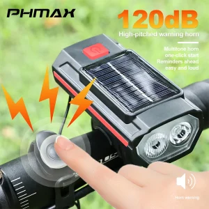 PHMAX-luz Solar para bicicleta de montaña y carretera, linterna frontal con bocina, recargable por TYPE-C, 120dB, 1200 mah