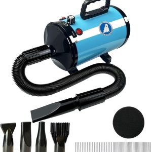 Secador de perros profesional de alta velocidad, temperatura y velocidad ajustables con 4 boquillas diferentes